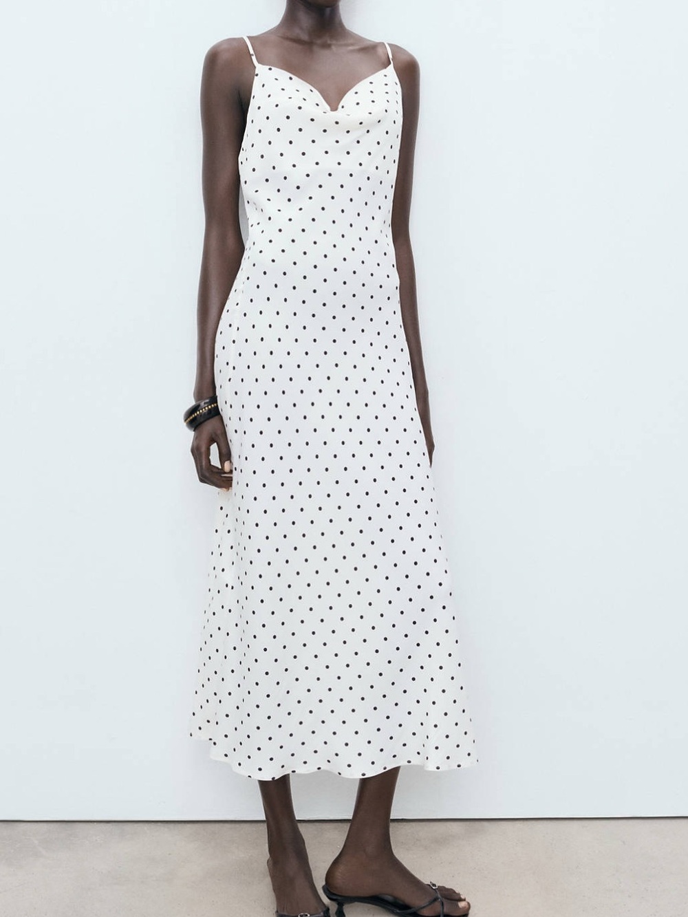 LIKE NEW Mango White Polka Dot Maxi Dress with Draped Neck